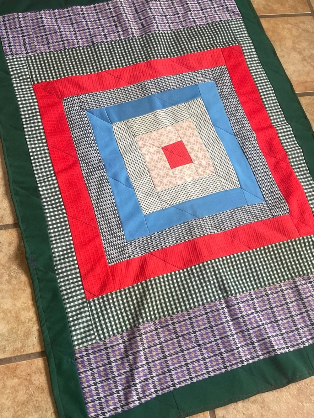 Handmade Multi-Color cabin-styleQuilted Throw Blanket - Green, Red, Blue, Purple